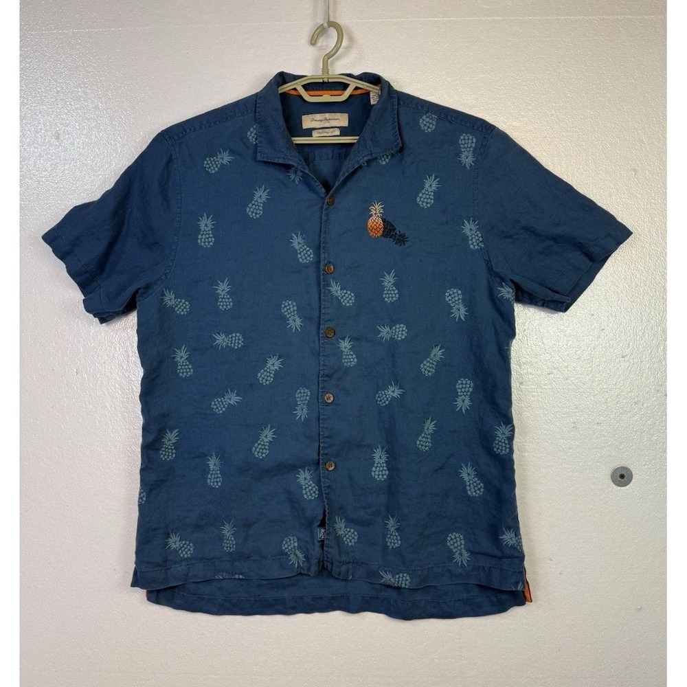 Tommy Bahama Mens Hawaiian Shirt Sz‎ L 100% Linen Button Up Blue Pineapple Aloha